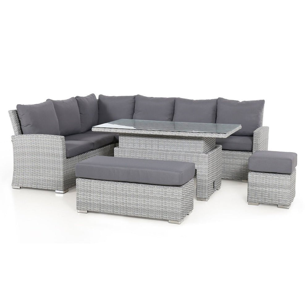 Ascot Ensemble de salle à manger d'angle rectangulaire en rotin – avec table relevable et coussins résistants aux intempéries