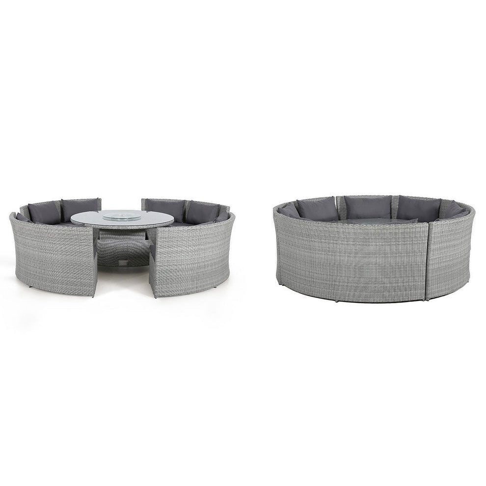 Ensemble de salle à manger avec canapé rond en rotin, table relevable et coussins résistants aux intempéries
