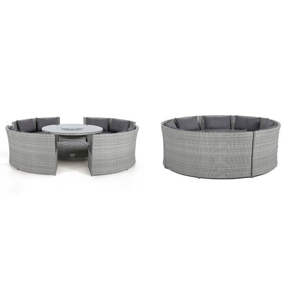 Ensemble de salle à manger avec canapé rond en rotin, table relevable et coussins résistants aux intempéries