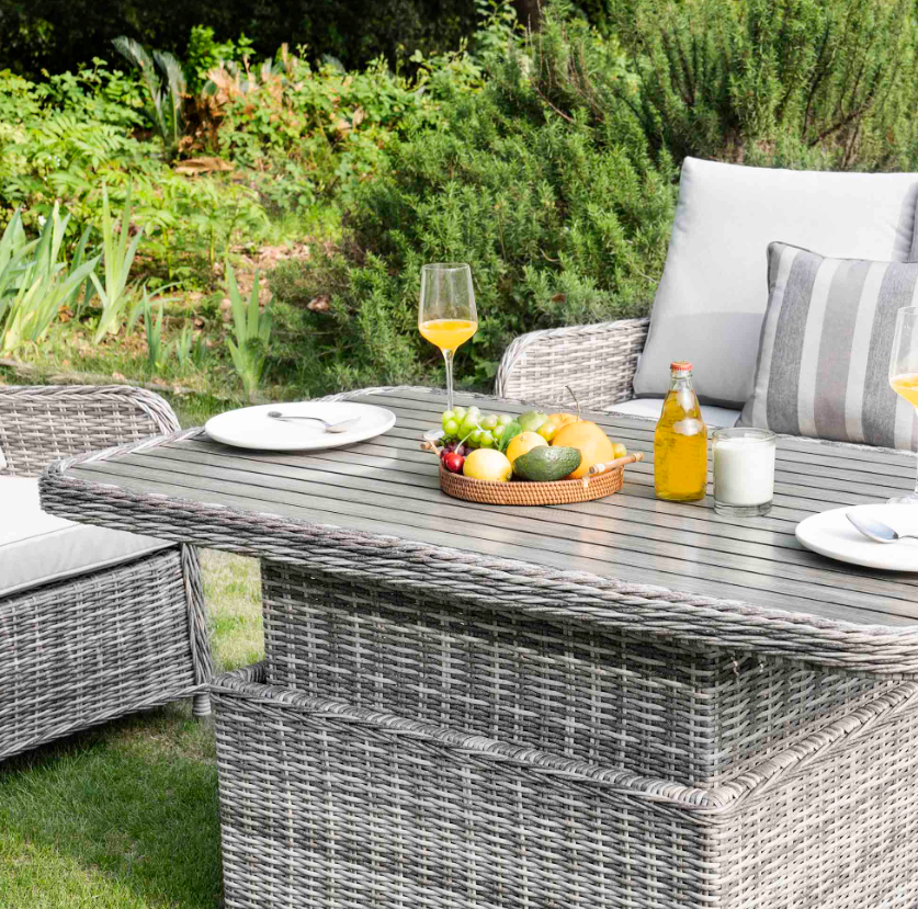 Hampshire Ensemble de canapé rond en rotin et osier 7 places avec table relevable, gris clair