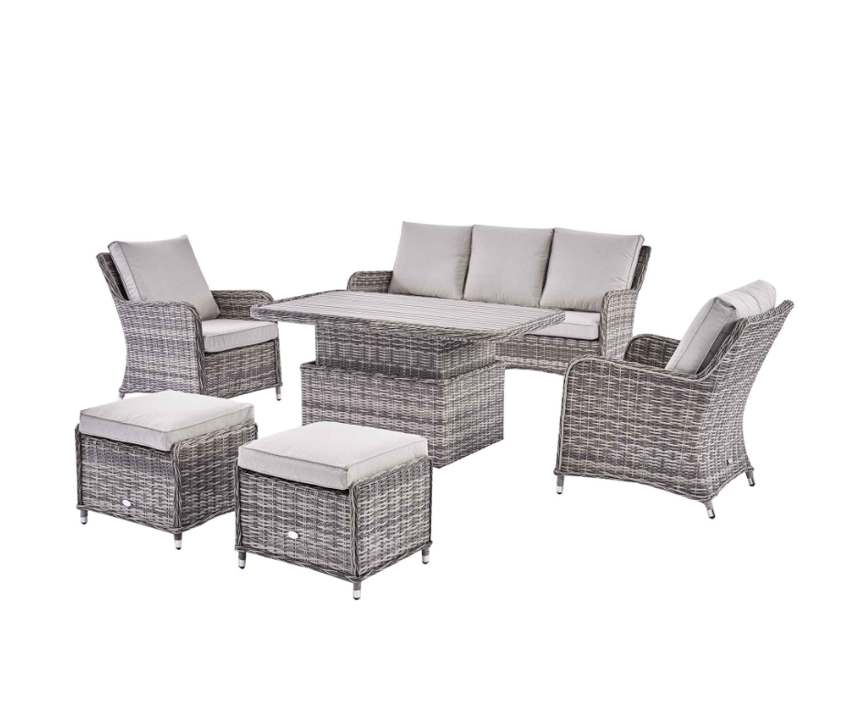 Hampshire Ensemble de canapé rond en rotin et osier 7 places avec table relevable, gris clair