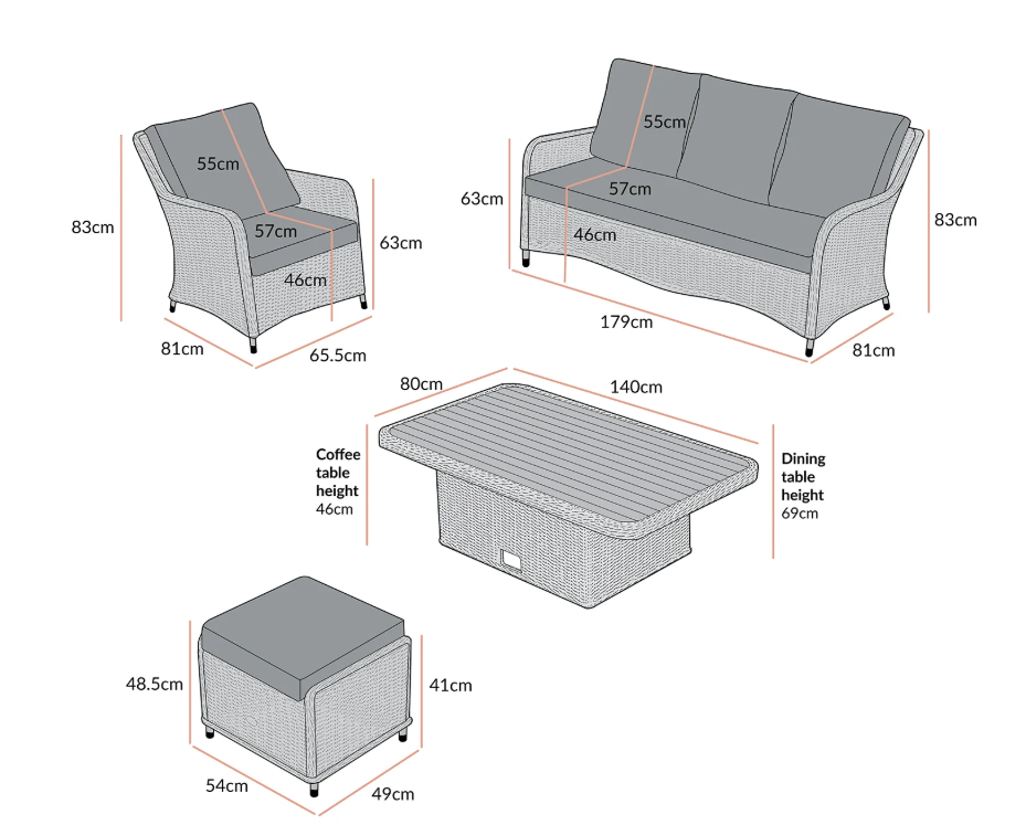 Hampshire Ensemble de canapé rond en rotin et osier 7 places avec table relevable, gris clair