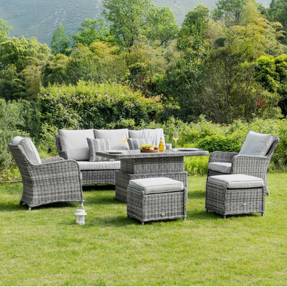 Hampshire Ensemble de canapé rond en rotin et osier 7 places avec table relevable, gris clair