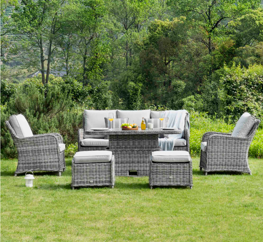 Hampshire Ensemble de canapé rond en rotin et osier 7 places avec table relevable, gris clair