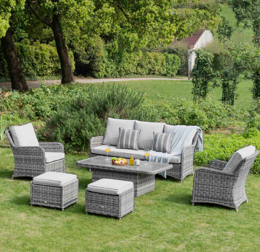 Hampshire Ensemble de canapé rond en rotin et osier 7 places avec table relevable, gris clair